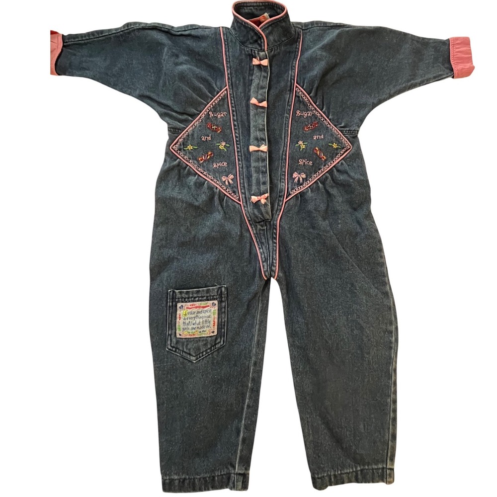 VTG‎ Popsicle Girls Denim Romper 3T Sugar & Spice Pink Embroidery Jumpsuit 80's